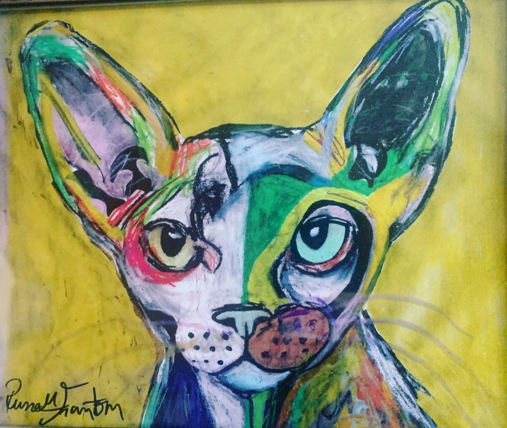 Golden sphynx cat painting by Chicago / south bend painter and artist Russell Frantom 