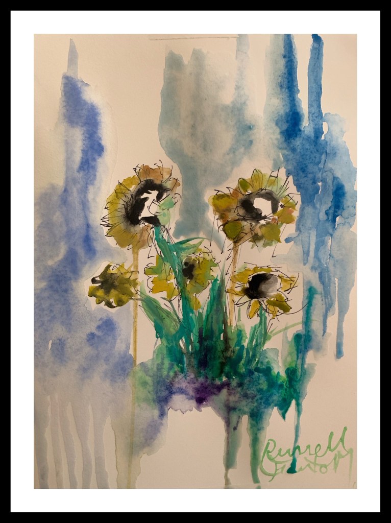 “Group of sunflowers” 2019 watercolor painting on paper by Russell frantom (sold) ​