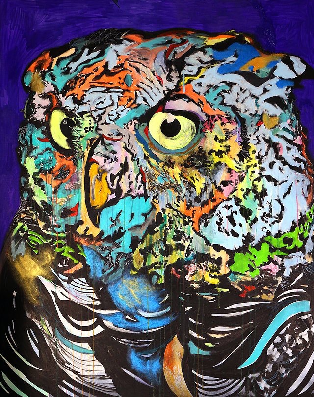 Beautiful manic owl nature bird abstract painting by artist Russell frantom 