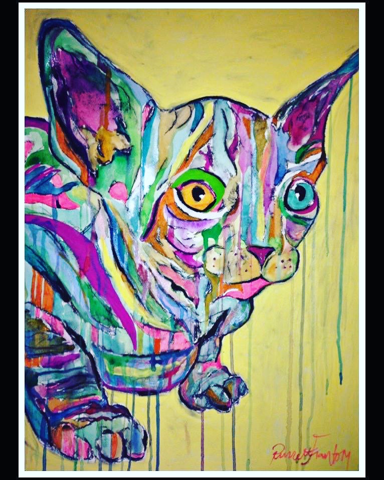 Caterpillar sphynx cat, original mixed media painting by Russell frantom 2015 
