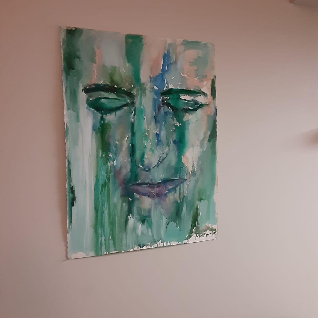 Untitled green portrait, sold, mixed media on paper by Russell frantom 2015 ​