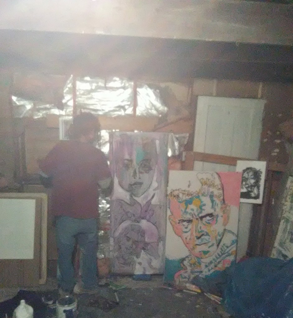 Russell frantom paintings in art studio 