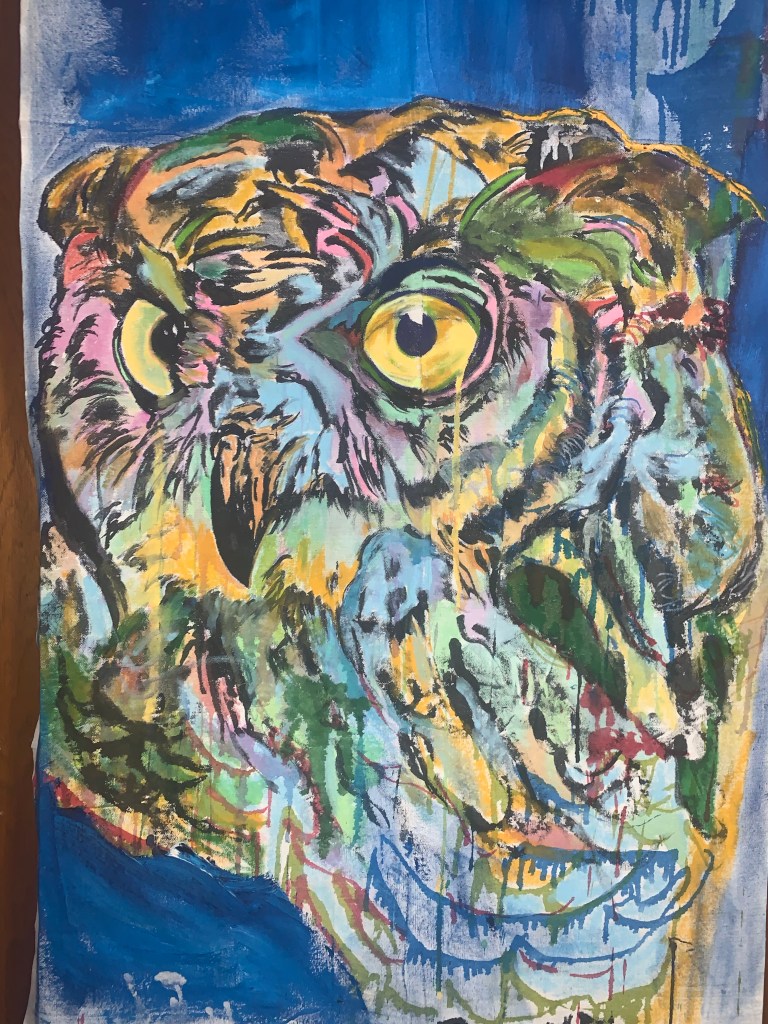 Mixed media owl / bird painting by artist Russell frantom 