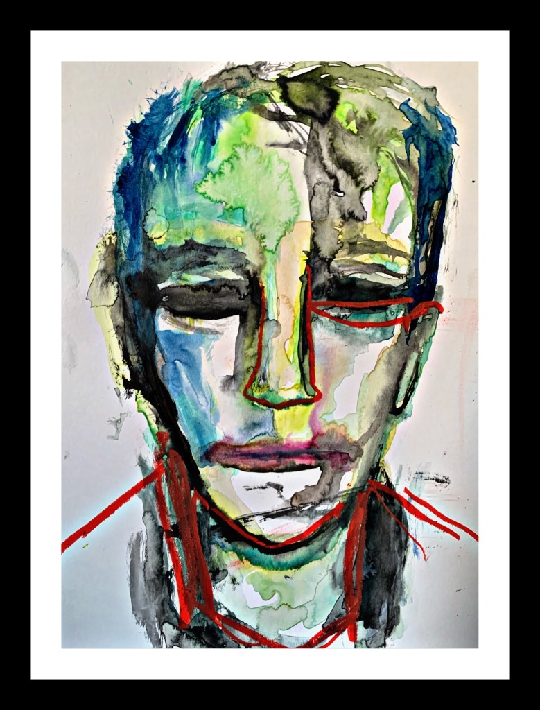 Untitled watercolor portrait with media of absinthe, watercolor and crayon. 2021 by Russell frantom ​