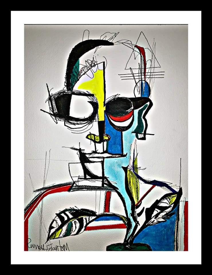 “Mechanical plant salesman” 2019 mixed media painting on paper by artist Russell frantom 