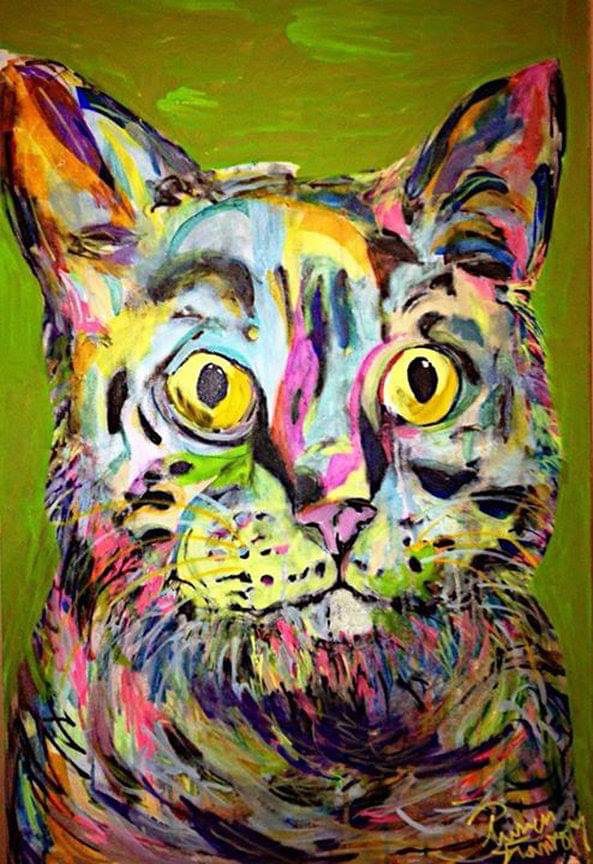 Green cat painting by artist Russell frantom 