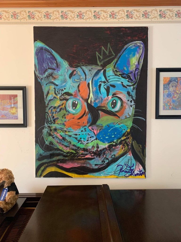 “King cat” sold, private collection. Date unknown. Mixed media on canvas by Russell frantom  ​