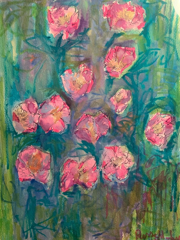 Watercolor flowers painting on paper by artist Russell frantom. 2018 