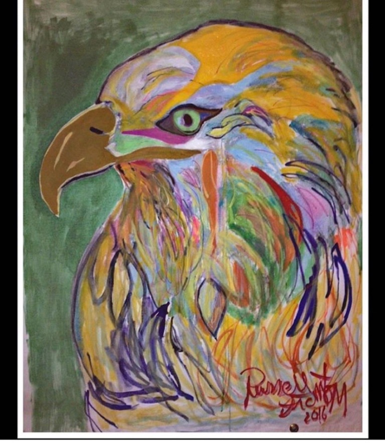 Green and yellow eagle, 2015 mixed media painting by Russell frantom ​