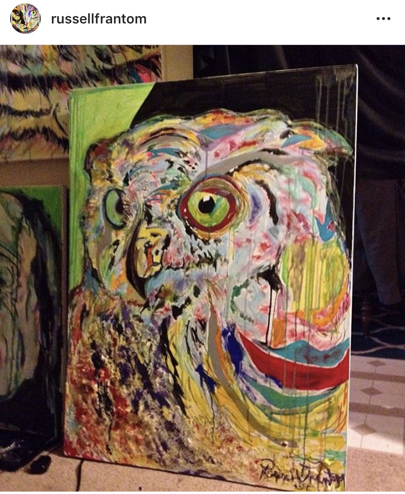 (Sold) mixed media yellow owl painting, untitled, by artist Russell frantom 2015 ​