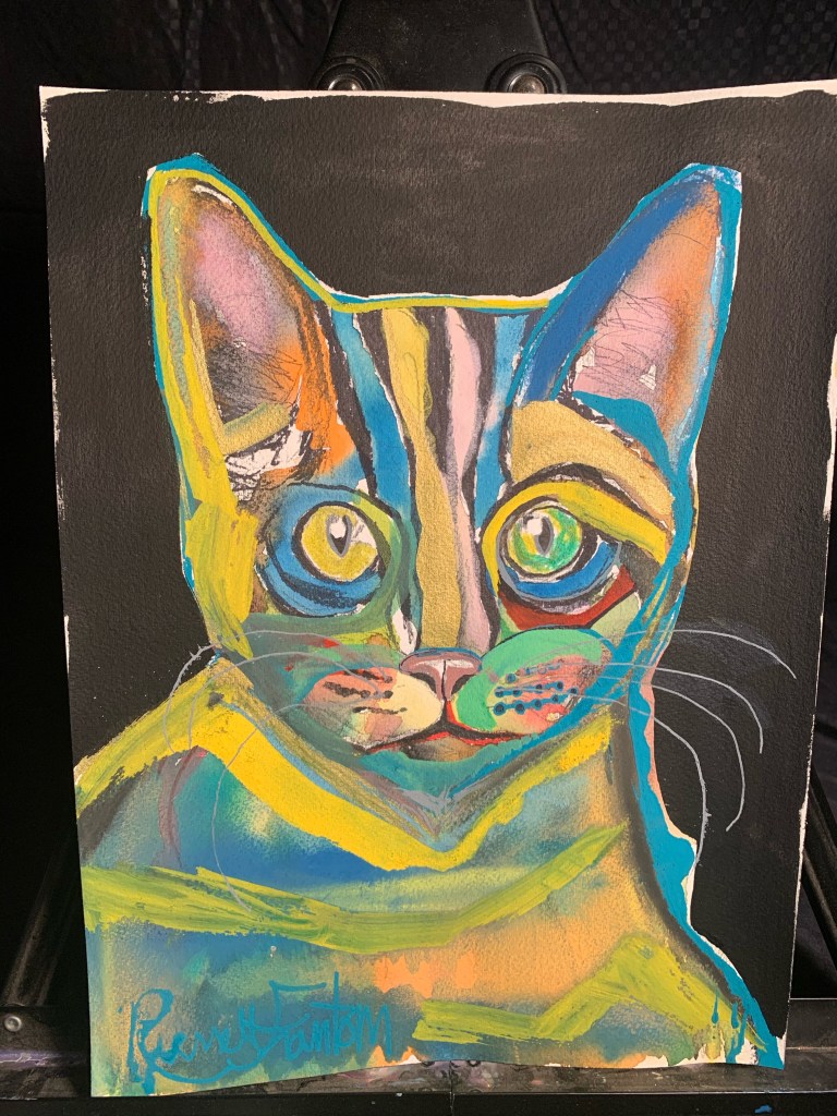 To show someone a picture of a cat painting by artist Russell frantom 
