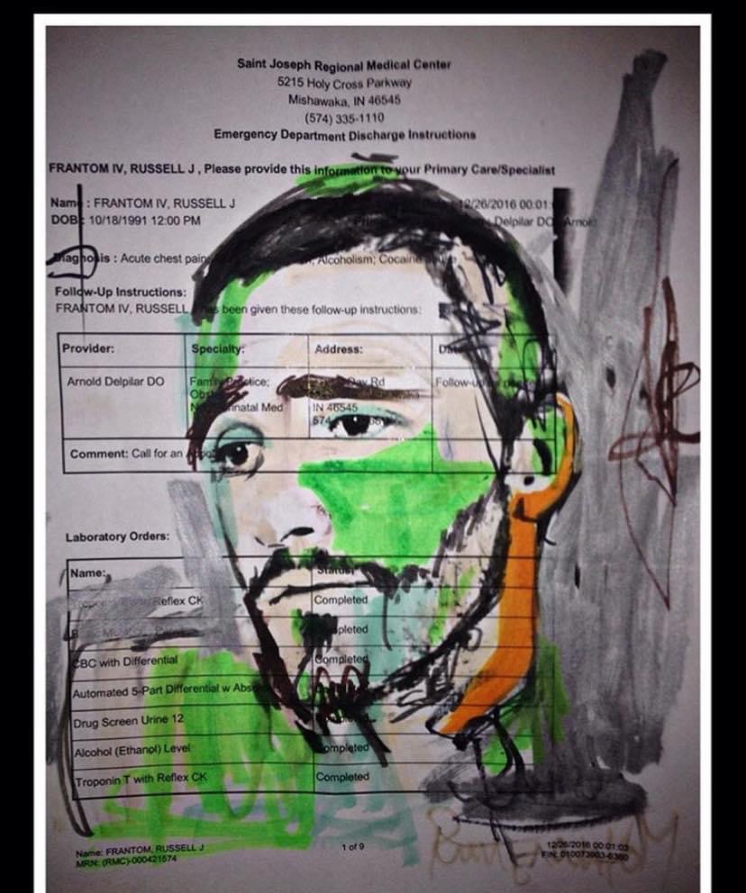 Artist Russell Frantom self portrait on hospital discharge paperwork. 2016 mixed media painting 