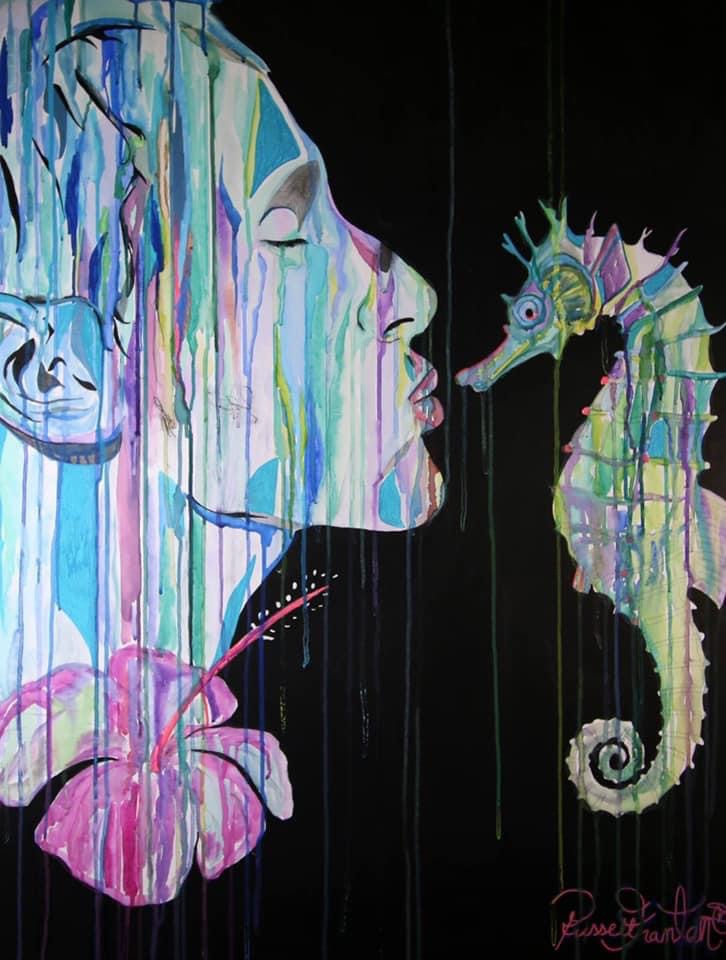 Mixed media Self portrait painting kissing a seahorse- whimsical : magical. By artist Russell Frantom (sold) 