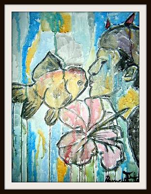 Self portrait kissing goldfish by artist Russell frantom, south bend Indiana and Chicago 