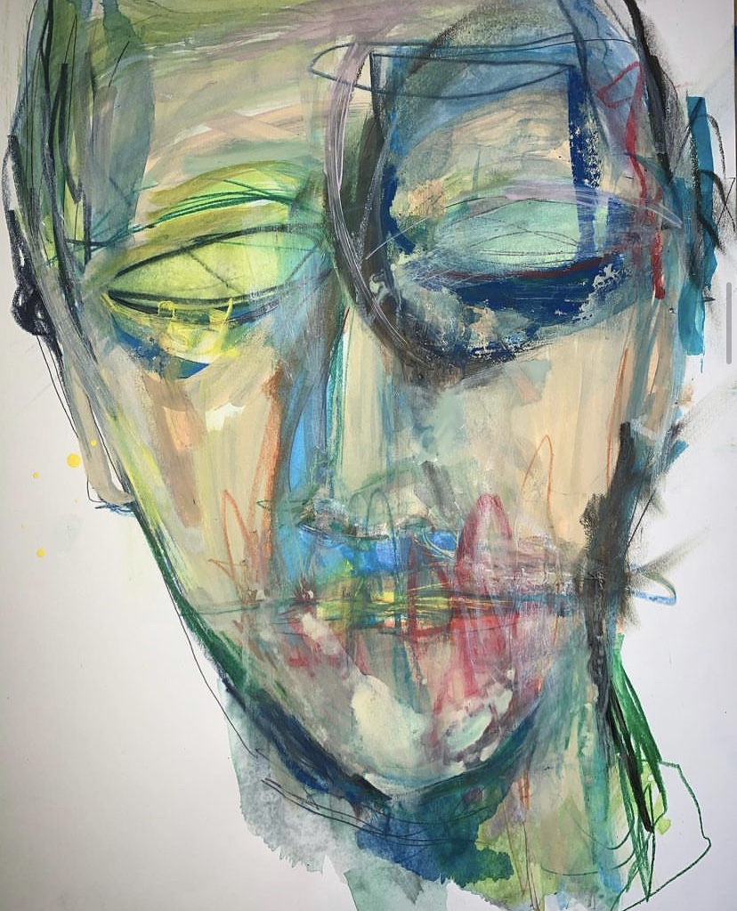 Mixed media melancholy abstract portrait painting by Chicago artist Russell Frantom 