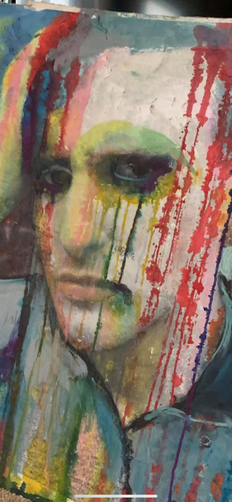 Closeup of a Russell frantom mixed media painting. 2017 untitled self portrait (sold- private collection)