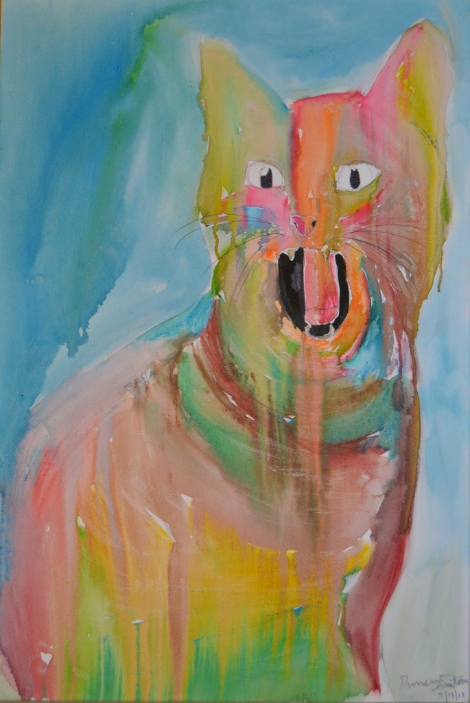 Watercolor orange screaming cat painting by south bend / Chicago artist Russell frantom 2014 ​