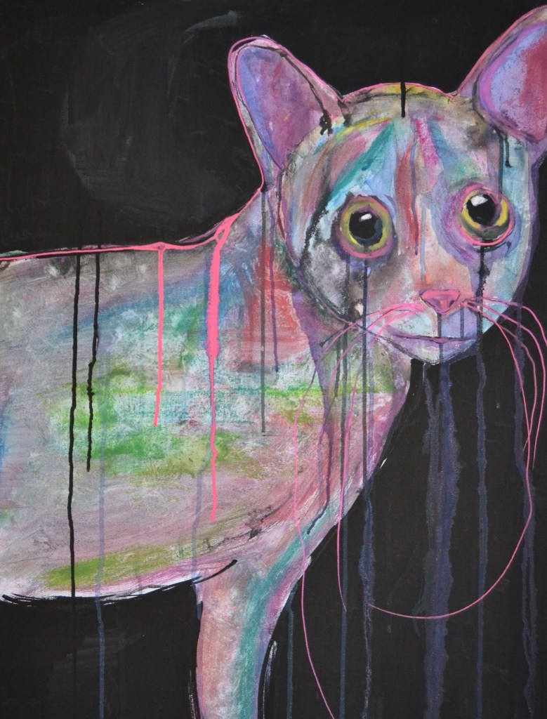 “Garbage cat” abstract cat painting sold, mixed media on canvas by south bend / Chicago artist Russell frantom 2014 