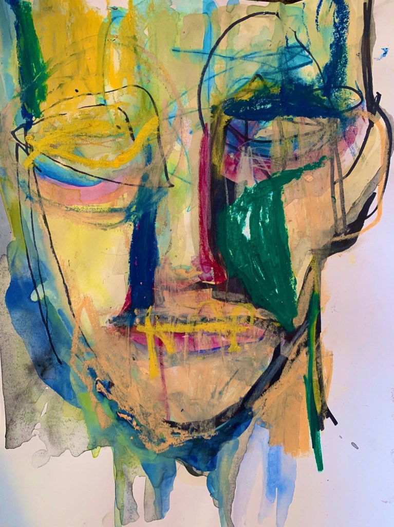Fleshtone and green and blue and yellow abstracted face painting by artist Russell Frantom 2021 