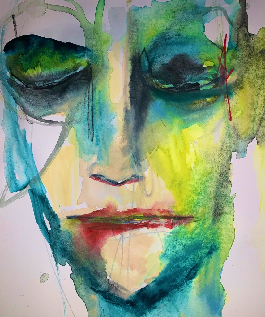 Green and yellow and blue abstract face painting by artist Russell Frantom 2021 watercolor on paper 