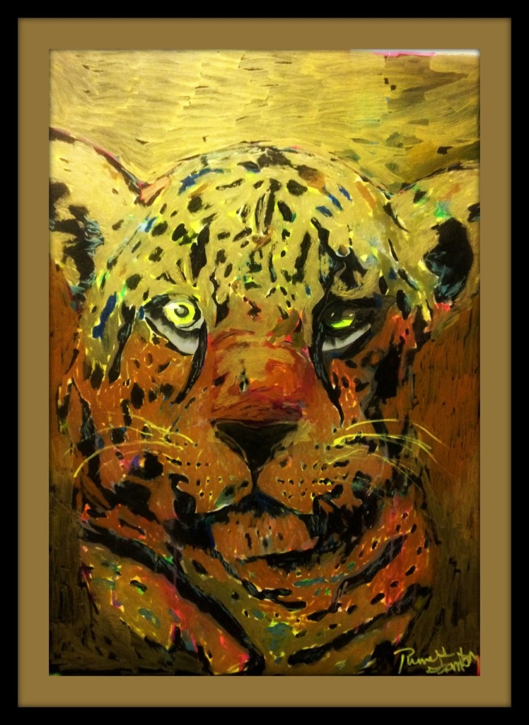 Untitled big cat painting by Russell Frantom (sold) 2013 mixed media on canvas panel ​