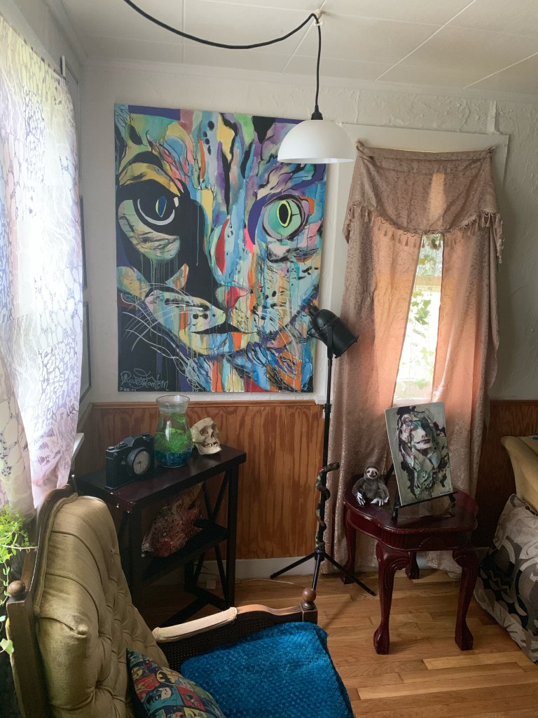 Two faced twisted circus cat, 2013 mixed media on canvas (sold) by Russell frantom ​