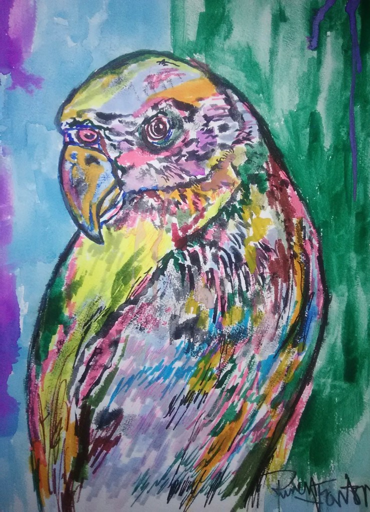 (Sold) untitled mixed media watercolor parrot by Russell frantom 2018 