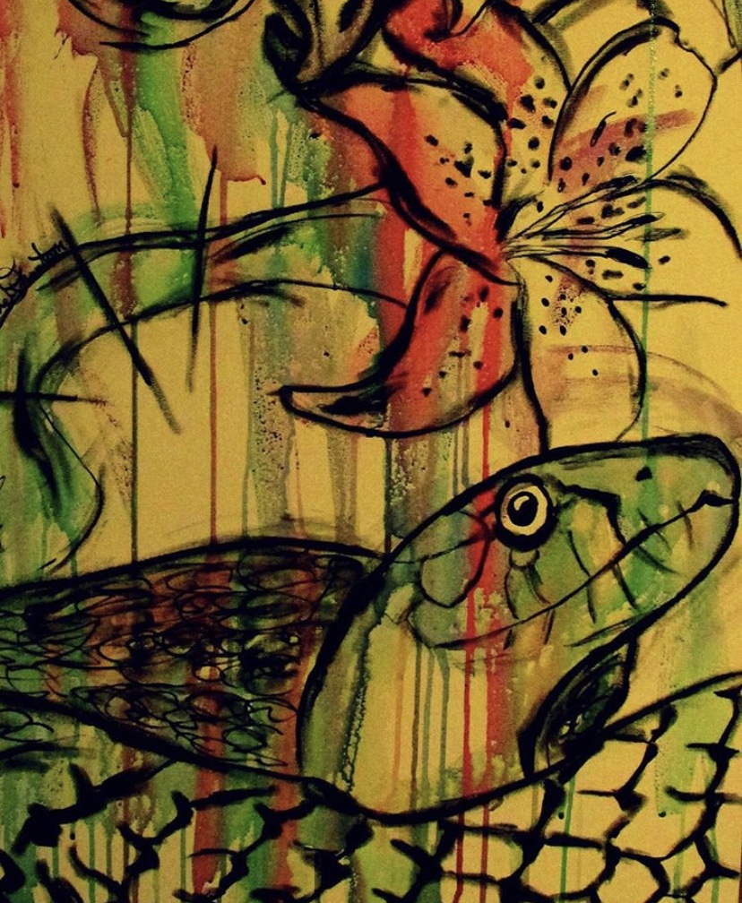 Untitled colorful garter snake painting with hibiscus flower (sold) mixed media on canvas 2012 by Chicago / south bend artist Russell Frantom ​