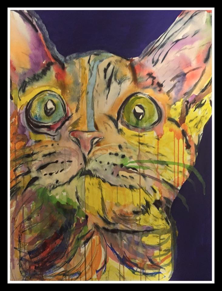 Untitled happy cat- purple background mixed media on canvas by  Russell ​Frantom 2013