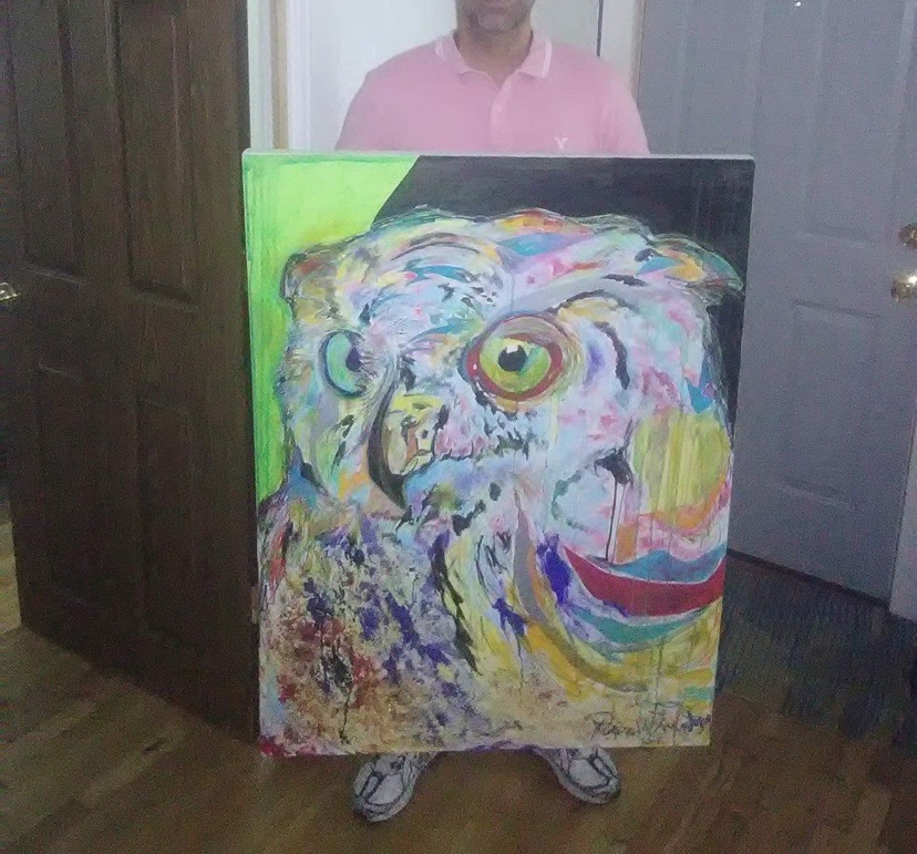 A beautiful mixed media owl painting that was sold by artist Russell Frantom 