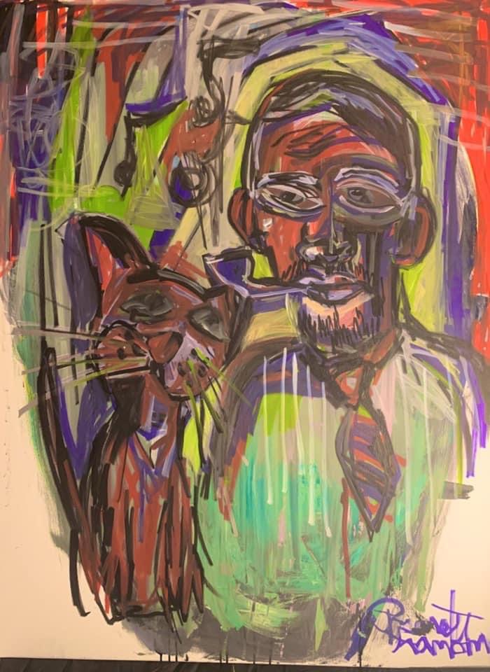 Painting by Russell Frantom of an abstract scene with a human and a cat. 