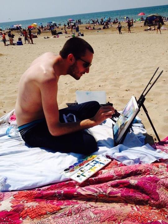 Artist Russell Frantom paints at the beach. Date unknown 