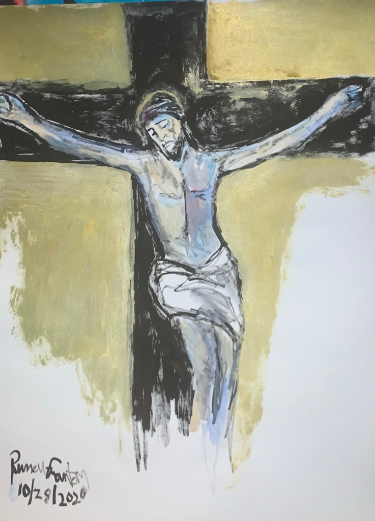 Painting of Jesus on the cross painting by south bend / Chicago artist Russell Frantom 2020 mixed media 