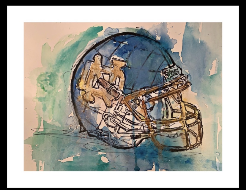 Notre dame helmet painted by south bend / Chicago artist Russell Frantom 2020 mixed media on paper. 