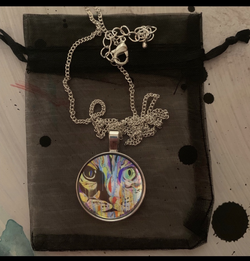 Two faced twisted circus cat art necklace by Russell frantom 2019 