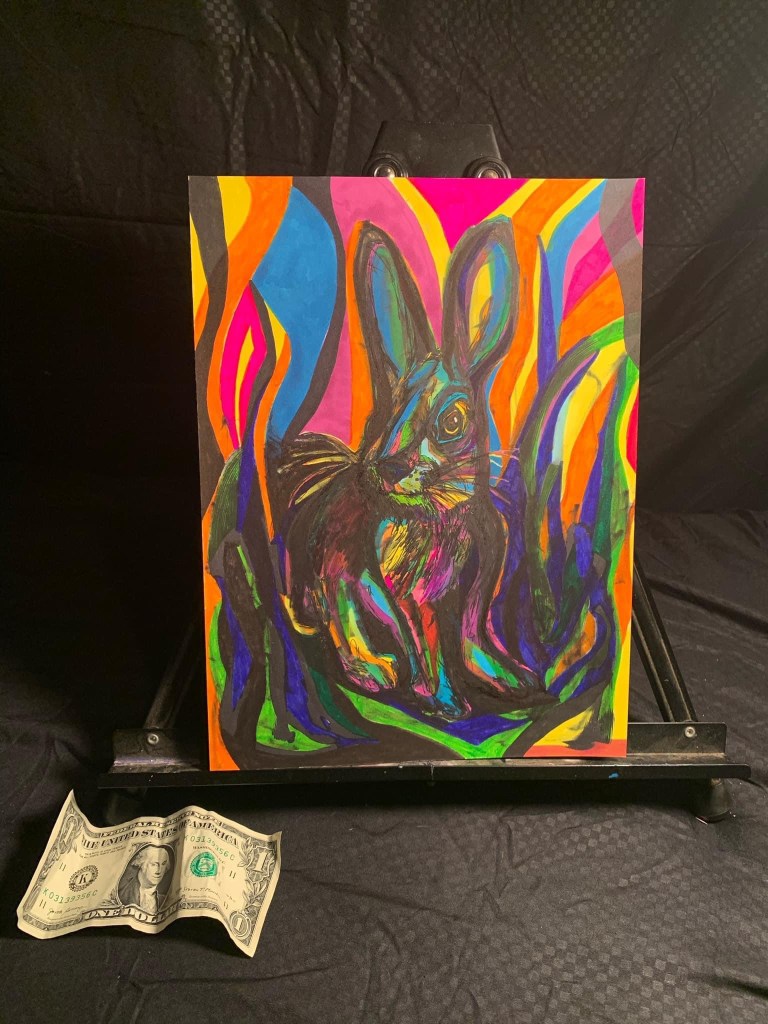 Abstract colorful and vibrant rabbit painting by Chicago / south bend artist Russell Frantom 2019 mixed media on paper: 